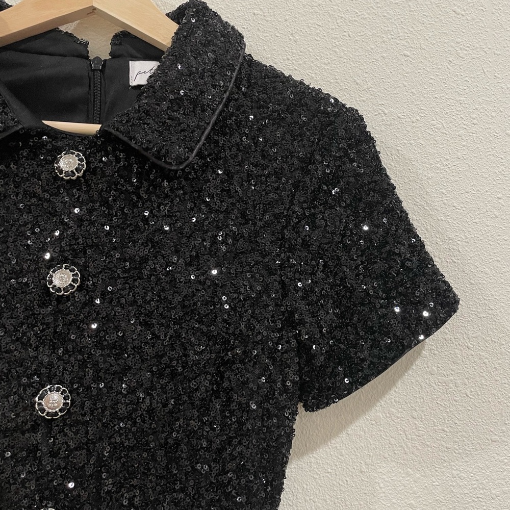 NWT Petal & Pup McKenzie Sequin Black Button Up Collar Mini Dress XS - Picture 8 of 16